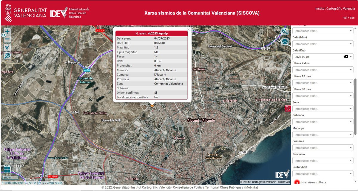 GVAcartografic's tweet photo. Ahir, a les 10:58, vam detectar un #terratrémol a la ciutat d'#Alacant, de magnitud 1.9, amb epicentre a mig camí entre el #Tossal i #Rabassa. El vau percebre?

S'hi pot accedir per https://t.co/yr5wDUEsL6

#earthquake #terremoto https://t.co/L8eTjlBGNa