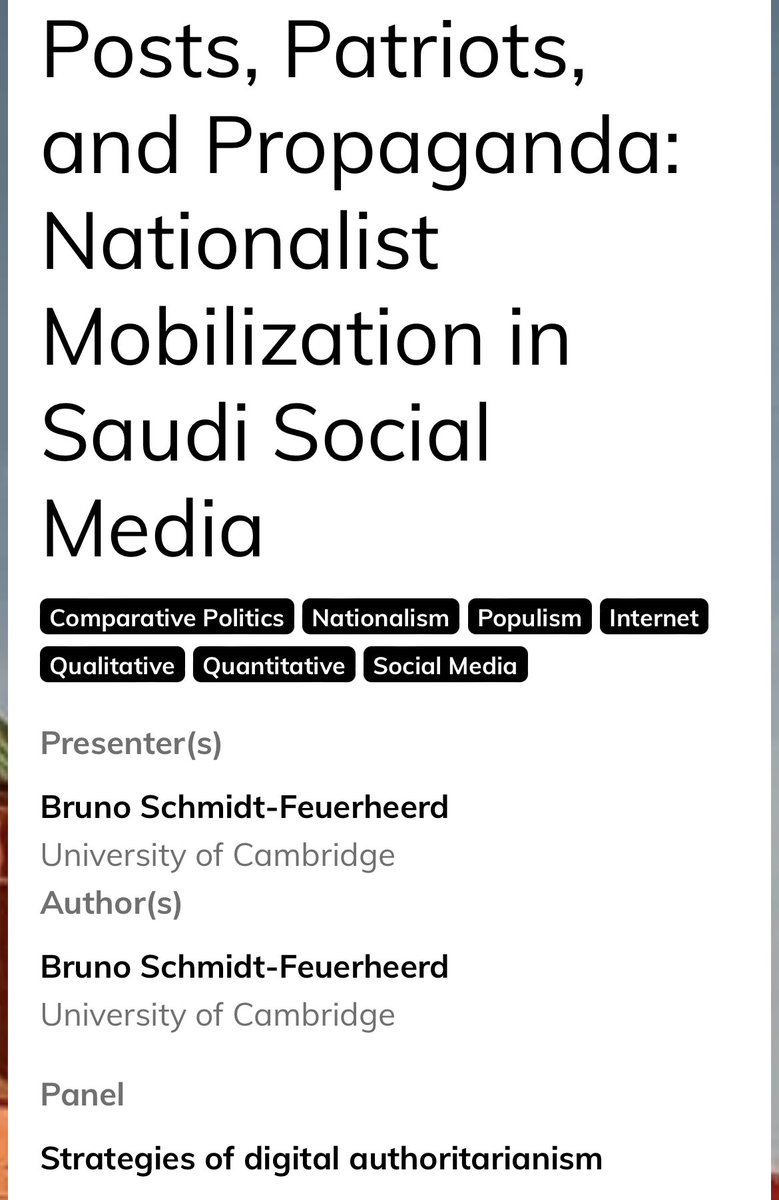 Bruno Schmidt-Feuerheerd (@brunofeuerheerd) on Twitter photo Really looking forward to presenting my PhD research on nationalist mobilization in Saudi Arabia today (10.45am, Building B) at #ecprgc23 hosted by <a href="/S_Hellmeier/">Sebastian Hellmeier</a> @SeraphineMaerz & <a href="/LaserGabi/">Lisa Garbe</a> <a href="/ECPR/">European Consortium for Political Research</a> Really looking forward to presenting my PhD research on nationalist mobilization in Saudi Arabia today (10.45am, Building B) at #ecprgc23 hosted by <a href="/S_Hellmeier/">Sebastian Hellmeier</a> @SeraphineMaerz & <a href="/LaserGabi/">Lisa Garbe</a> <a href="/ECPR/">European Consortium for Political Research</a>
