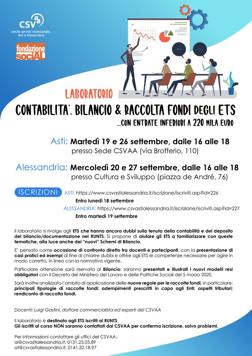 CSVAA's tweet photo. Riparte la #formazione del #CSVAA: ad #Asti e #Alessandria due laboratori su tenuta della #contabilità e raccolta fondi per gli #ETS. Info e iscrizioni qui: https://t.co/XW2ACHDzfS #volontariato #terzosettore @CSVnet https://t.co/JICVWZC5s3