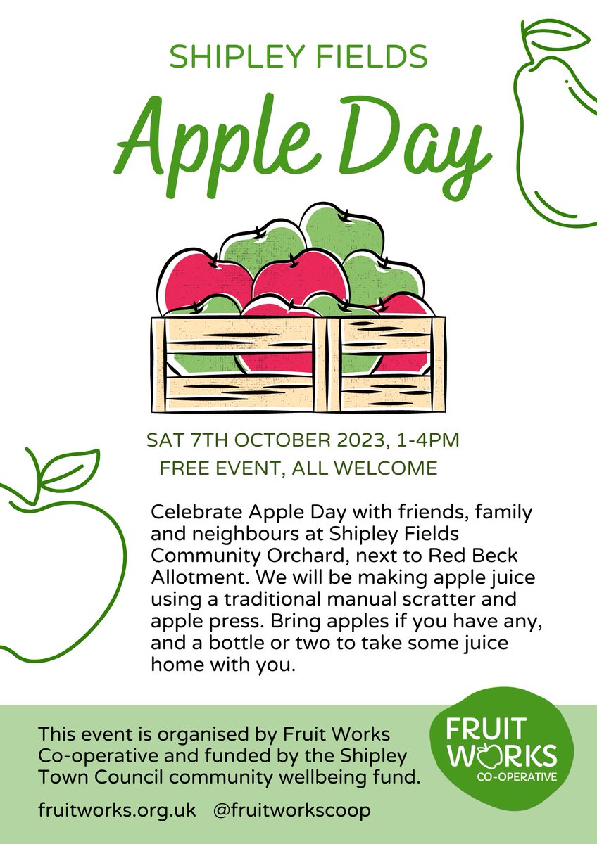 Apple Day is coming to Shipley Fields on Sat 7th October 1-4pm! 🍏 Shipley Town Council is pleased to fund this community event hosted by the Fruit Works Cooperative & the community orchard volunteers. Further details can be found here shipleytowncouncil.gov.uk/2023/09/05/joi…