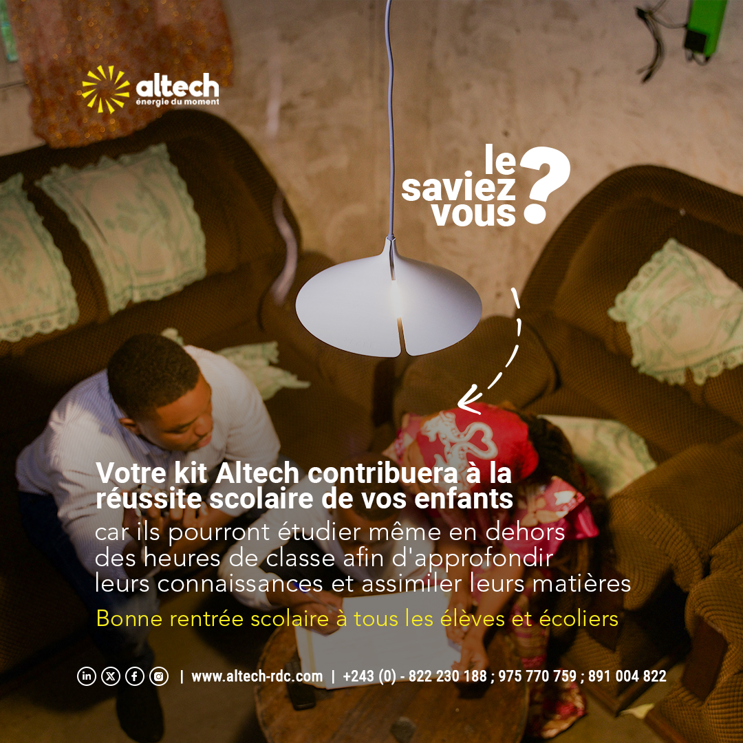 Le saviez-vous?

Votre kit Altech contribuera à la réussite scolaire de vos enfants car ils pourront étudier même en dehors des heures de classe afin d'approfondir leurs connaissances et assimiler leurs matières⚡

#energiedumoment  #RentreeScolaire2023   #altechrdc #DRC