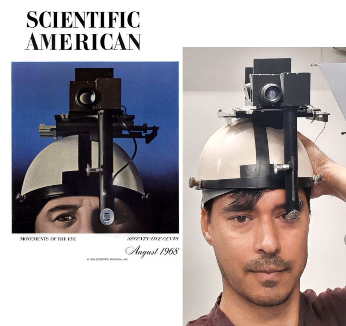 eweidenh's tweet photo. Very excited to acquire an important early eye tracking instrument. AFAIK, this was the first attempt to move the camera from a stationary position onto the subject's head. 
It was developed over the 1960s by Norman H. Mackworth and E. Llewellyn Thomas.
#HistTech #HistSTM #UofT https://t.co/AzjWsJnOwc