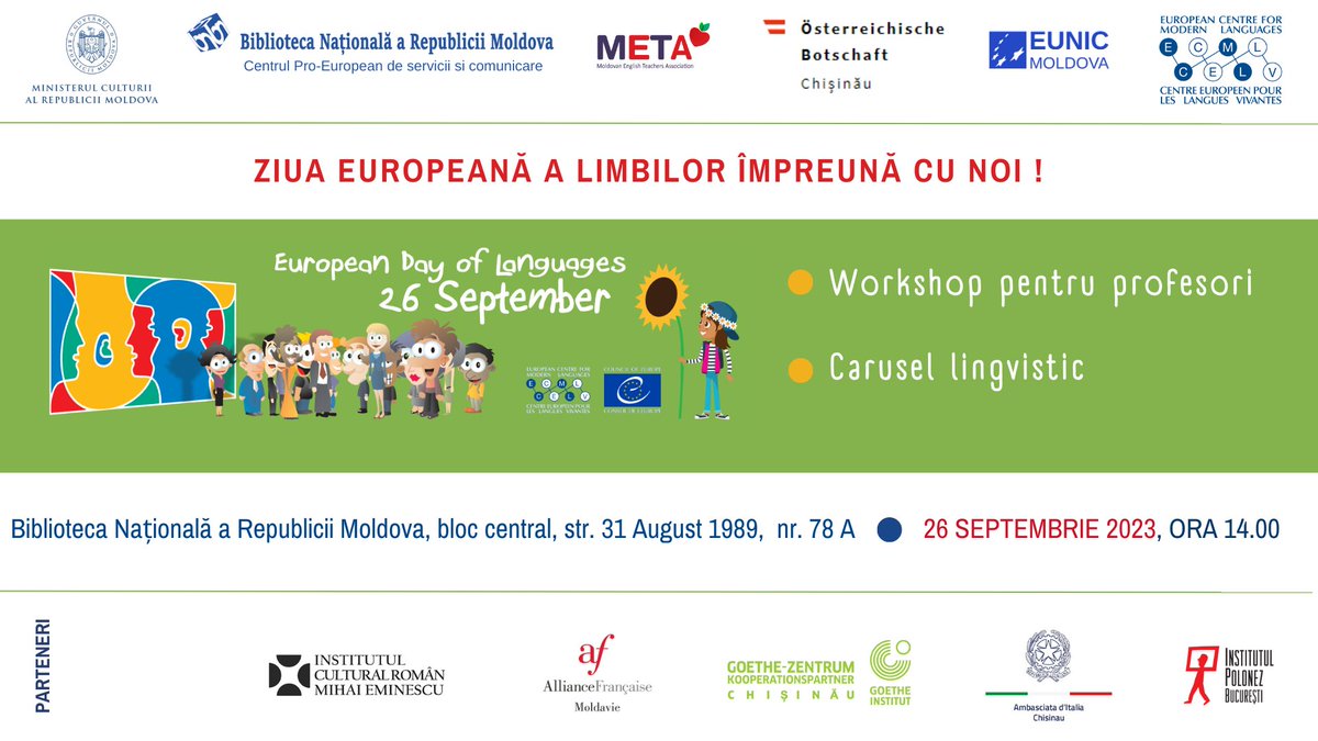 BiblioNationala's tweet photo. Dragi profesori, elevi și toți cei pasionați de studierea limbilor străine, @BiblioNationala  @MetaMoldova @EUNIC_Global #Moldova vă invită  la #EuropeanDayofLanguages 2023 la #BNRM
🔗https://t.co/KKS3GhSgK5
🖊️https://t.co/oMQx9mcN4x
 @CoE_Education #CoeEDL @cpescmd https://t.co/fm7LLqMBlX