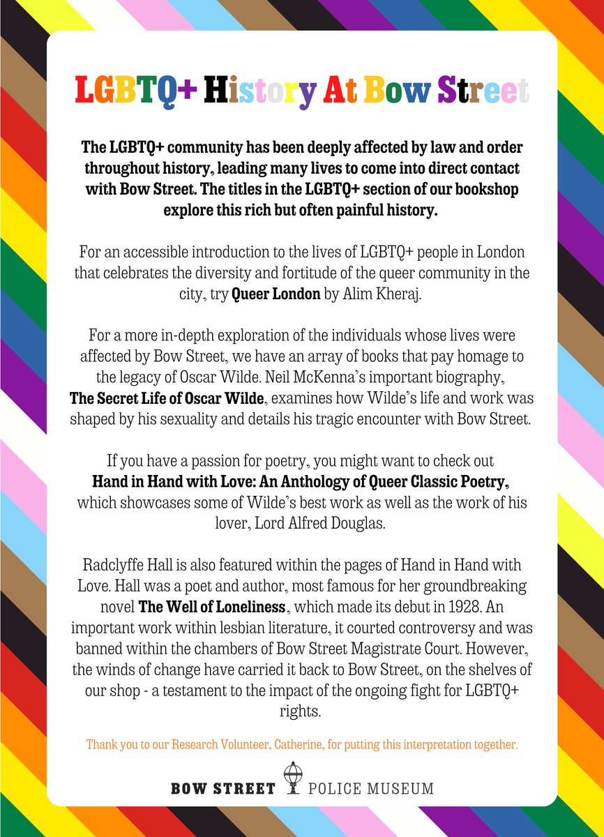 bowstreetmuseum's tweet photo. LGBTQ+ Literature at Bow Street Police Museum

All stocked in the Museum shop, our research Volunteer Catherine has put together a brief explanation behind the connection these texts have to Bow Street. https://t.co/xIO5YuXnTF