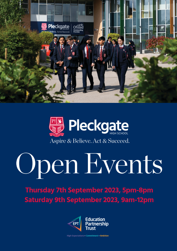 PleckgateHigh's tweet photo. We are excited to invite you to our Open Events on Thursday 7th September from 5pm & Saturday 9th September from 9am.
You will have the chance to learn about our lessons, visit our magnificent facilities, and get to know our staff and pupils! #PleckgateHigh https://t.co/rLsumquqag