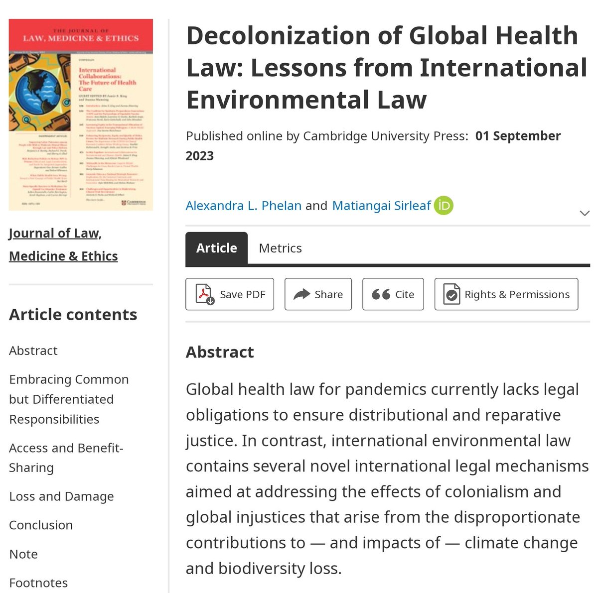 📢 In our @JLME_ASLME piece @alexandraphelan and I explore possibilities for transforming global health law by addressing historical and ongoing inequities. We draw inspiration from Global South efforts and advocacy in international environmental law. D/L cambridge.org/core/journals/…