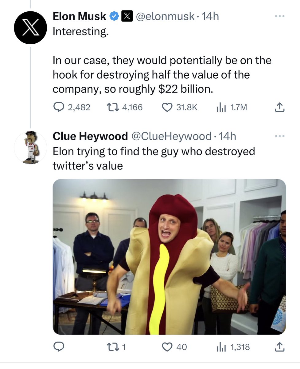 ClueHeywood's tweet image. Somebody hid my reply to Elon’s “I’m gonna sue the ADL for destroying twitter’s value” tweet, boy that’s weird