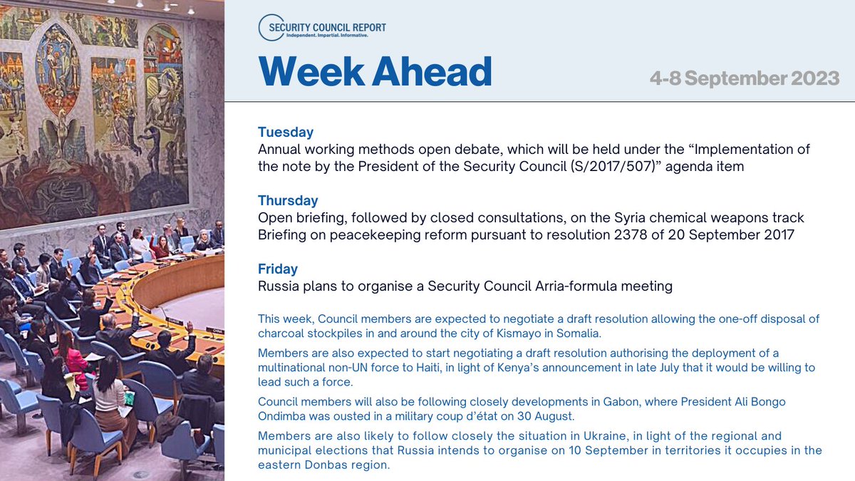 SCRtweets's tweet image. This week at the #UNSC | 📨 Subscribe: bit.ly/3AwYSel

💬 Annual #WorkingMethods open debate
🔷 #Syria: briefing and consultations
🔷 #Peacekeeping reform: briefing
🔶  Possible #UNSC #Arria-formula meeting, organised by #Russia