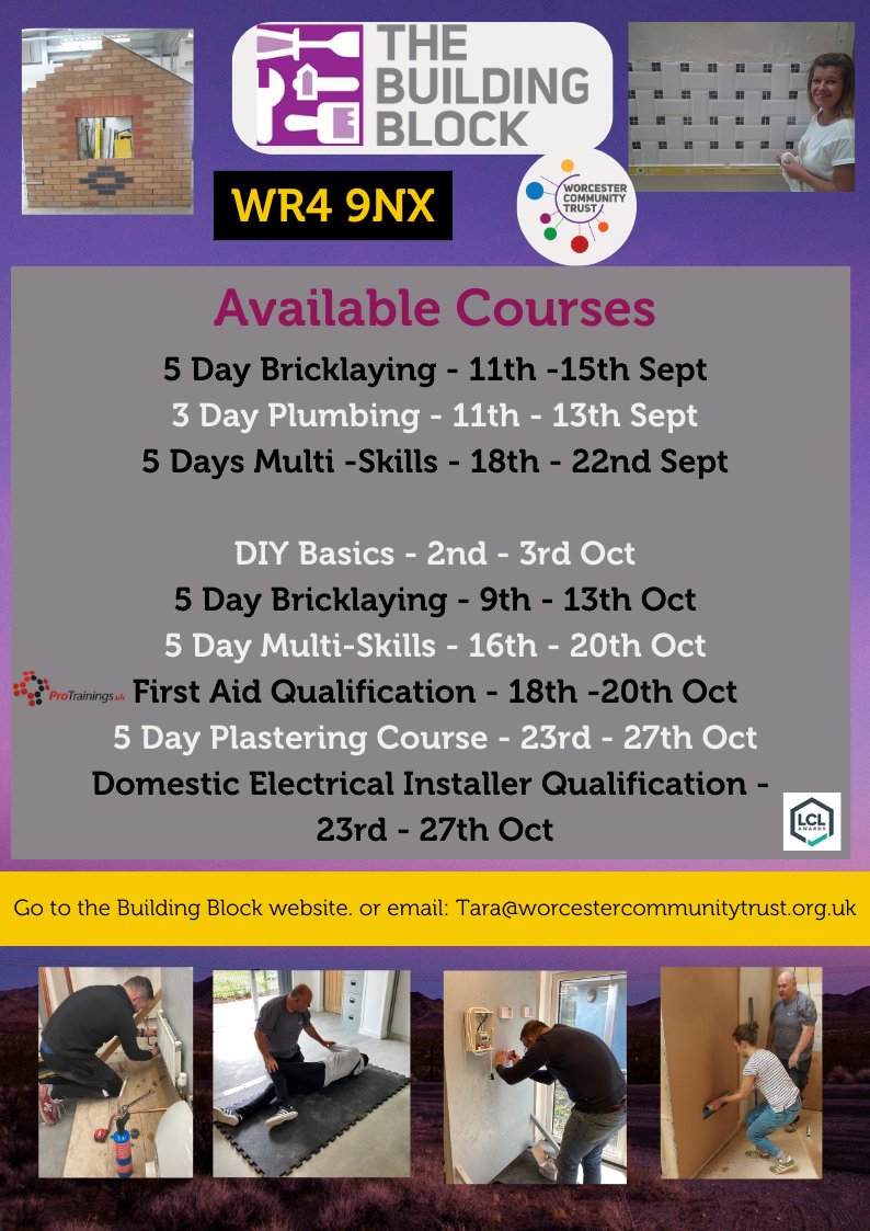 Upcoming Courses #buildingblock #trainingcentre #worcester 

#DIY #Construction #trades #firstaid #Electrician #skills #worcestercommunitytrust