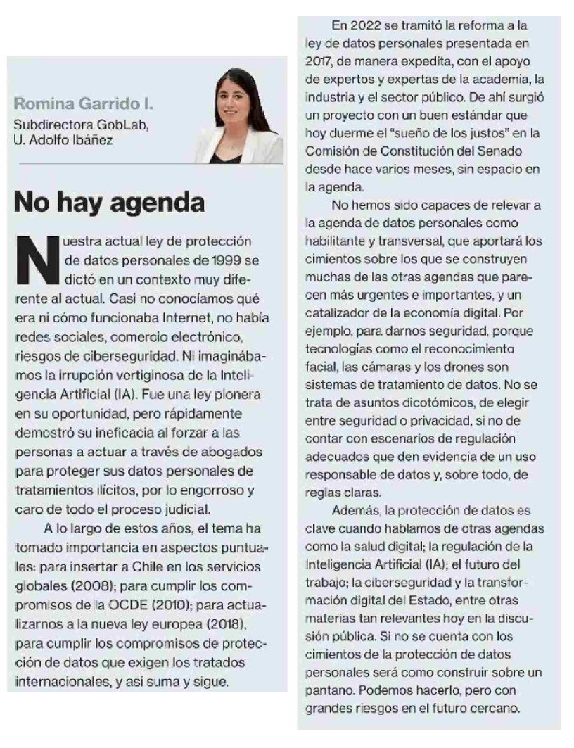 GoblabUAI's tweet photo. 🎉 Romina Garrido, subdirectora del GobLab, publica columna de La Segunda relevando la importancia de una #Ley de protección de los datos y el atraso en la agenda de la misma.

🔗 Te invitamos a leer su columna #ProtecciónDeDatos #GobLab https://t.co/oXDLUd6cLW