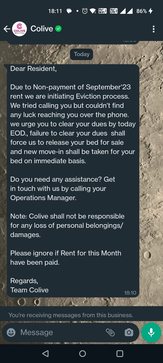 Sanjeev17123292's tweet image. I got a WhatsApp msg from u though which is an evacuation notice, which says u tried calling me but the fact is I never received any call it's the other way round wherein I called u guys for last 2 weeks #returnmymoney @Lets_Colive