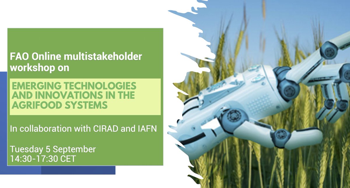 #HappeningNow
@FAO workshop on 'Emerging technologies and innovations (EATIs) in the agrifood systems'
in collaboration w/ @Cirad & #IAFN

Our aim? To discuss & enrich future scenarios on EATIs with experts from different domains! 👁️🌱🚀

#AgInnovation #foresight #HorizonScanning