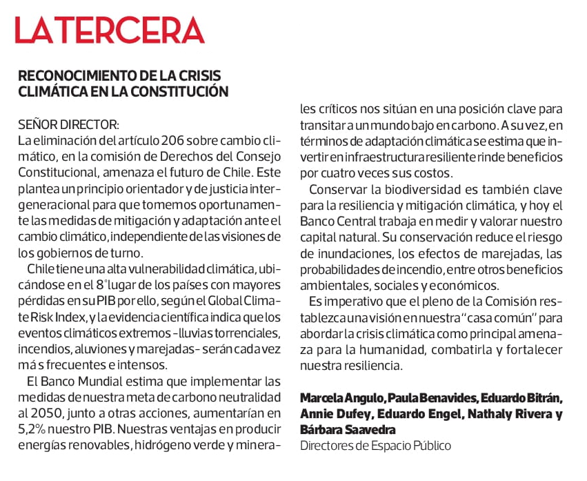 🟢 Nuestra presidenta ejecutiva <a href="/Pbspaulita/">Paula Benavides</a> junto a los directores <a href="/MarcelaAnguloG/">Marcela Angulo</a>, <a href="/EduardoBitran/">Eduardo Bitran</a>, <a href="/anniedufey/">Annie Dufey</a>, #EduardoEngel, <a href="/nathaly_rivera/">Nathaly M. Rivera</a> y <a href="/bsaavedrap/">Bárbara Saavedra</a> hacen un llamado a reconocer la #CrisisClimática en la Constitución. Lee la carta en <a href="/latercera/">La Tercera</a> 👇🏽