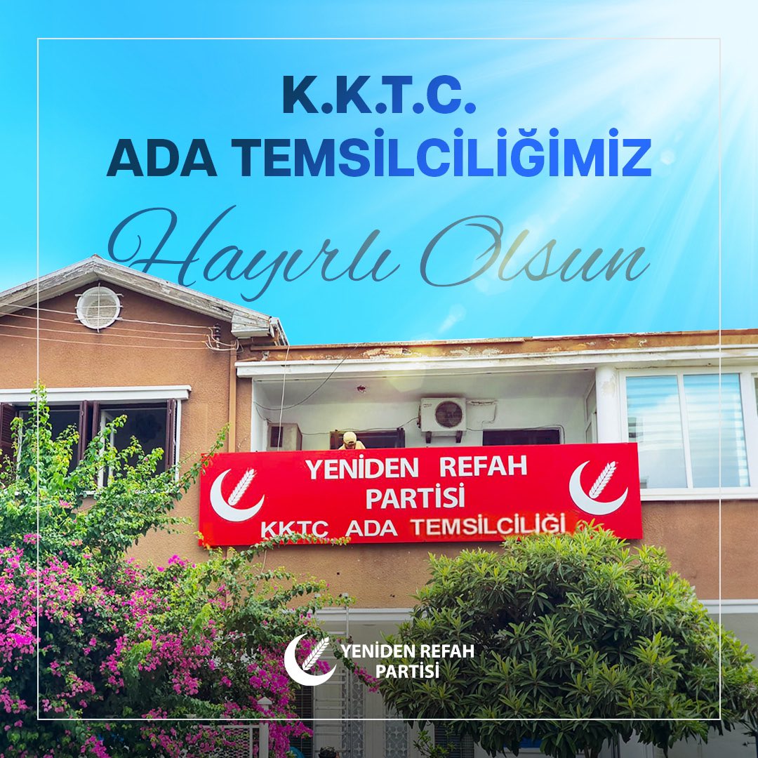 Yeniden Refah Partisi KKTC Ada Temsilciliğimiz hizmetlerine başladı. Kıbrıs Fatihi Prof. Dr. Necmettin Erbakan Hocamızın bıraktığı sancağı layıkıyla taşıyacağına inandığımız KKTC teşkilatımıza ve aziz milletimize hayırlı olsun.