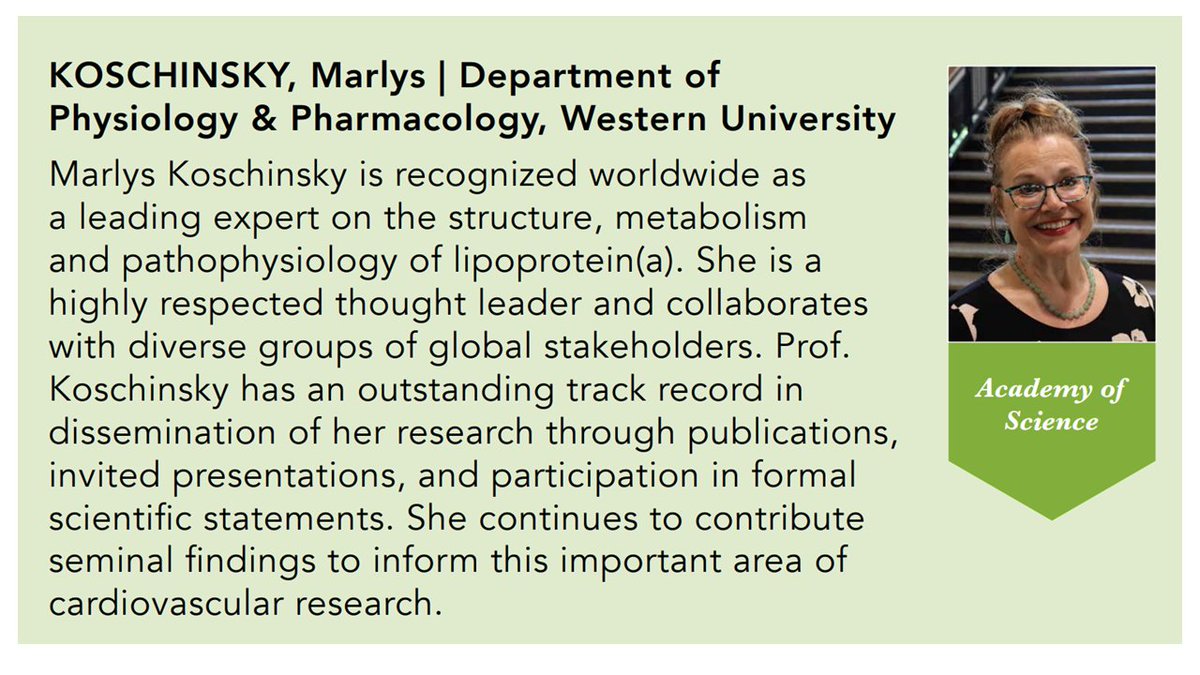 Congratulations to Professor Marlys Koschinsky @MarlysLPA @WesternU @SchulichMedDent on election to the Royal Society of Canada @RSCTheAcademies in recognition of her original work on lipoprotein biology @CIHR_IRSC @HeartandStroke