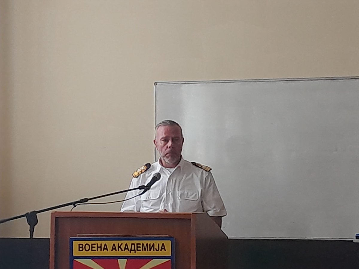 At the Military Academy “General Mihailo Apostolski”, Admiral Bauer, Chair of the #NATOMC, addressed 🇲🇰 military personnel to explain the importance of #CollectiveDefence &amp; how the new Regional Plans further strengthen #NATO’s #DeterandDefend Posture. 

#StrongerTogether