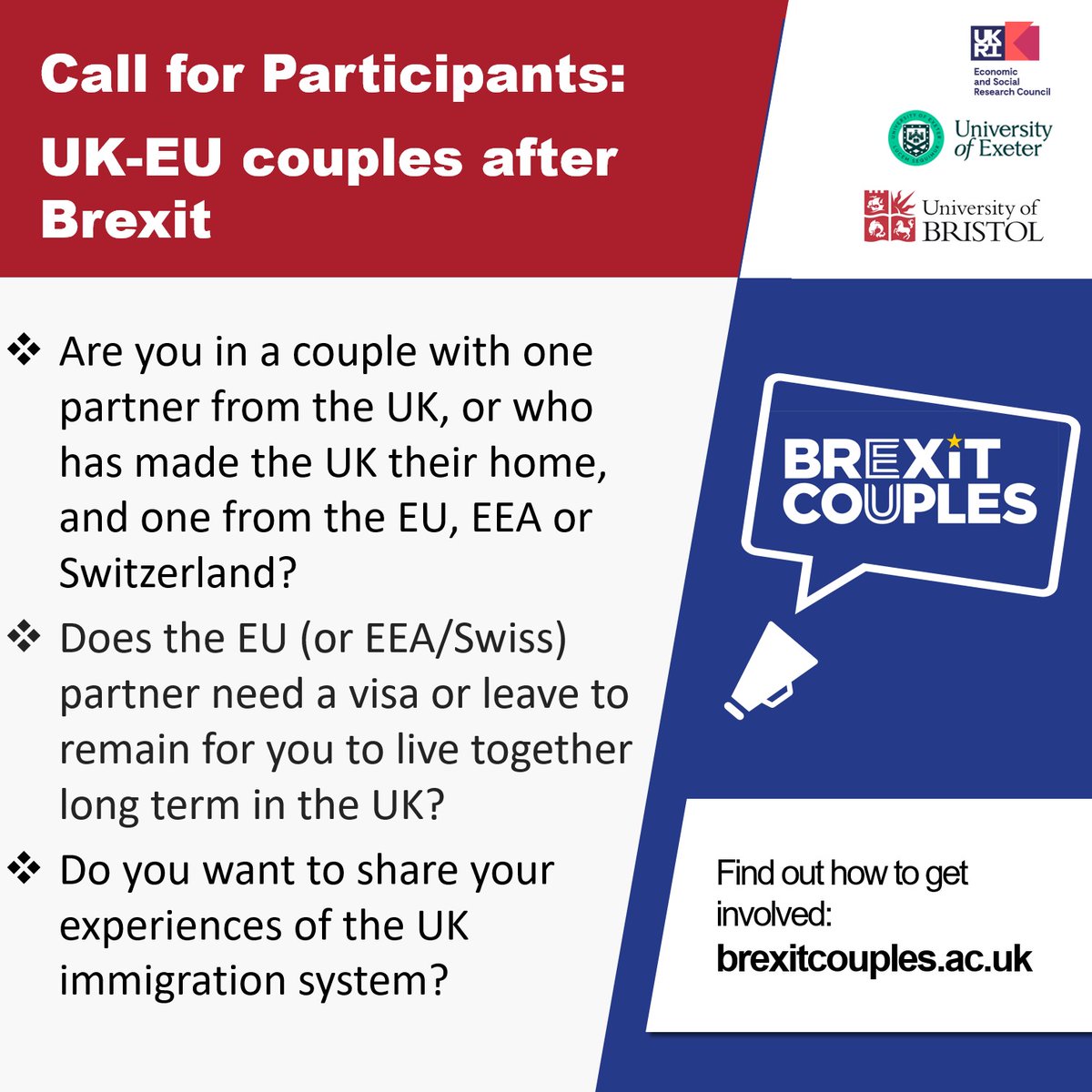 Are you in a couple with one UK and one EU/EEA/Swiss partner? We are looking for couples at any stage of the UK spouse/partner immigration process to interview for a new research project.  Please RT or share with anyone who might be interested!

See More: brexitcouples.ac.uk/get-involved/