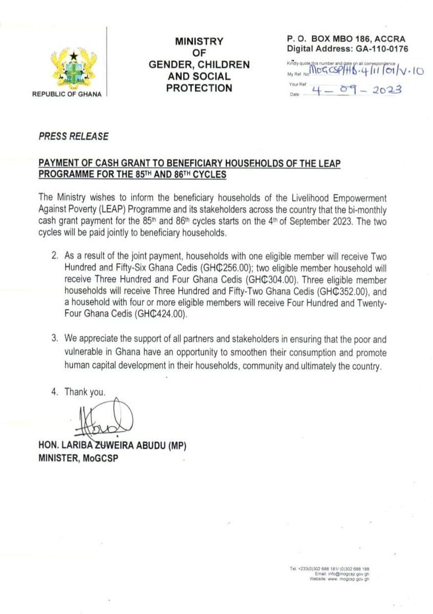 For Immediate Release PAYMENT OF CASH GRANT FOR THE 85th AND 86th CYCLES OF THE LEAP PROGRAMME. @GTV_Ghana @GHANANEWSAGENCY @peacefmonline @citinewsroomgh @CitiTVGH @moigovgh #MoGCSP_Ghana #leap_gh #livelihoodprogram #economicempowerment #endpoverty #WorldBank #ghana