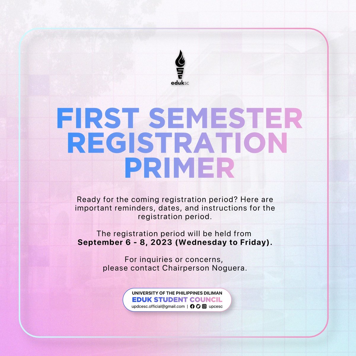 UPCESC's tweet photo. [FIRST SEMESTER A.Y. 2023 - 2024 REGISTRATION PRIMER]

Here are important reminders, dates, and instructions for the registration period. The registration period will be held from September 6 - 8, 2023 (Wednesday to Friday).

#PulongSulong https://t.co/aDJxkJ7Uz9