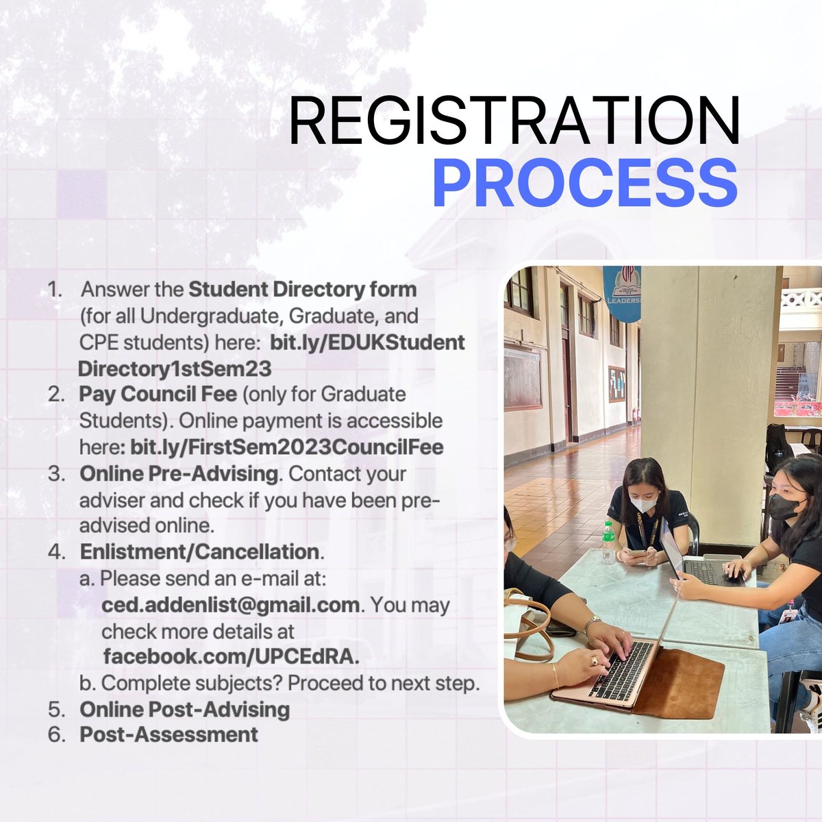 UPCESC's tweet photo. [FIRST SEMESTER A.Y. 2023 - 2024 REGISTRATION PRIMER]

Here are important reminders, dates, and instructions for the registration period. The registration period will be held from September 6 - 8, 2023 (Wednesday to Friday).

#PulongSulong https://t.co/aDJxkJ7Uz9