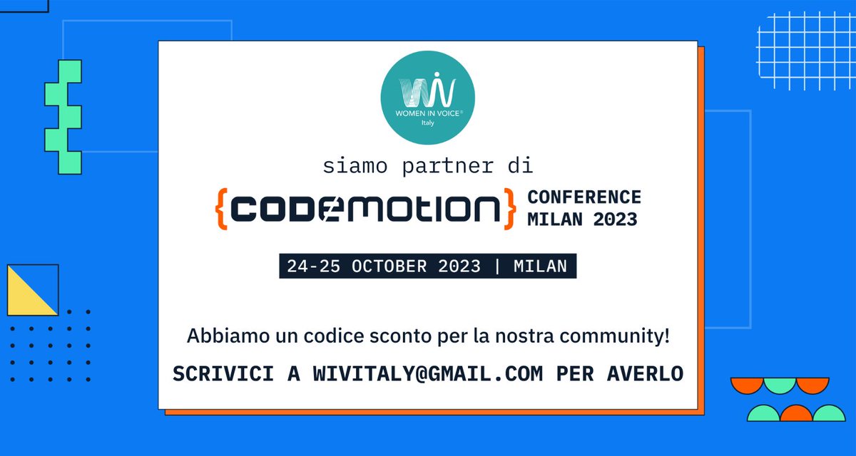 Come vi abbiamo anticipato, siamo #partner della Conferenza <a href="/CodemotionIT/">Codemotion</a> che sarà il 24-25 ottobre a Milano🎟️ Acquista subito il tuo biglietto e scrivici per avere un codice sconto del 20% sul prezzo della conferenza: codemo.tech/CodemotionMila…
#CodemotionPartner #CodemotionMilan23