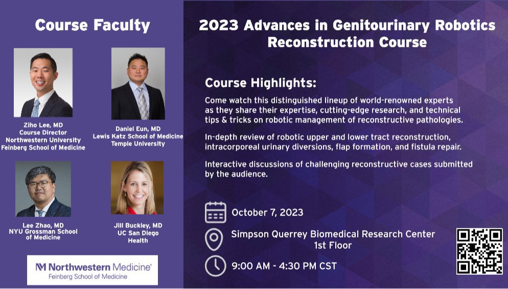 ⚠️ REMINDER ⚠️ Interested in robotic 🤖 GU reconstruction? Join us on October 7th for this FREE in-person course hosted by @ZLeeGU, MD! Attendings, fellows, and residents are welcome. Led by an all-star 🌟 faculty @JillC_Buckley @md_eun @lee_c_zhao Scan QR Code below to…