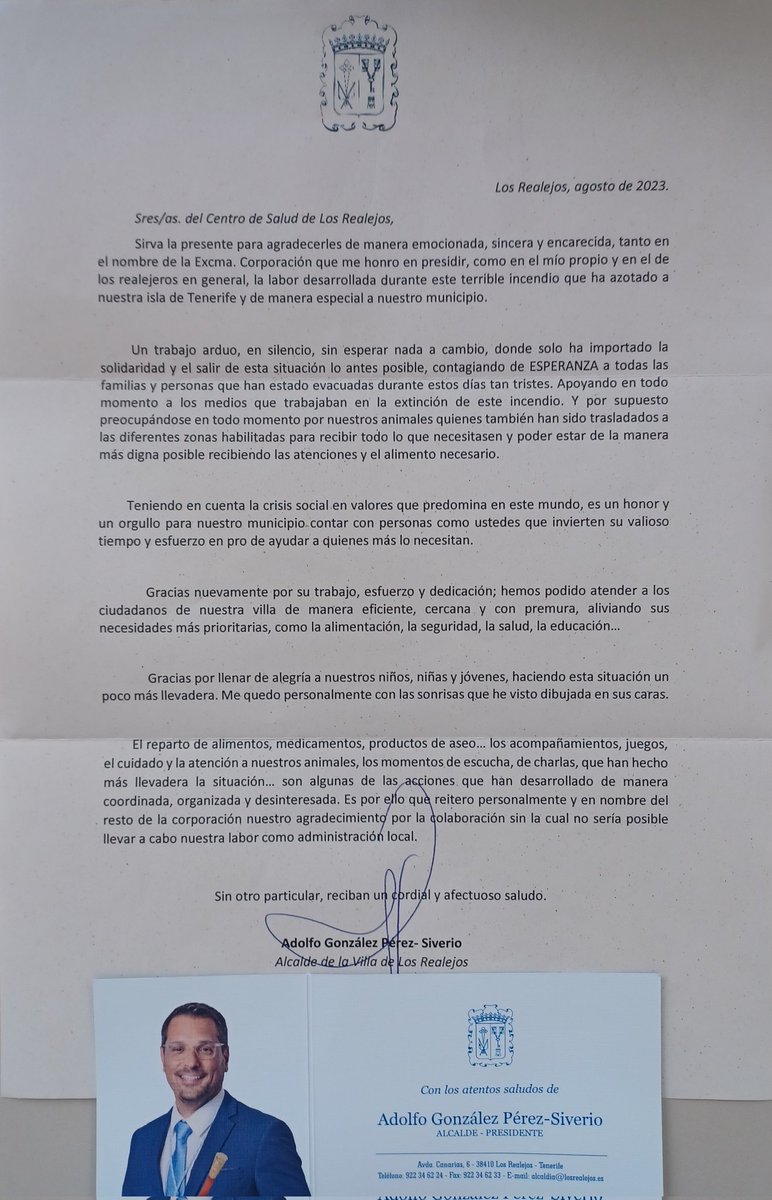 Carta agradecimiento del Alcalde de Los Realejos por la labor desarrollada por el personal de la Zbs del municipio durante el terrible incendio de las pasadas semanas.  Gracias