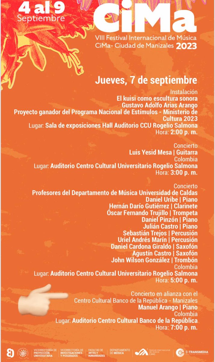 mambre61's tweet photo. @BancoRepublica 
Manuel Arango Pérez
Concierto de piano. Centro cultural @Banrepcultural 
Manizales. Jueves 7 de septiembre. 
Hace mucho tiempo esperábamos al famoso paisano.
Afectuoso saludo y cordial bienvenida a la Aldea encaramada. https://t.co/FakyI3Hrxs