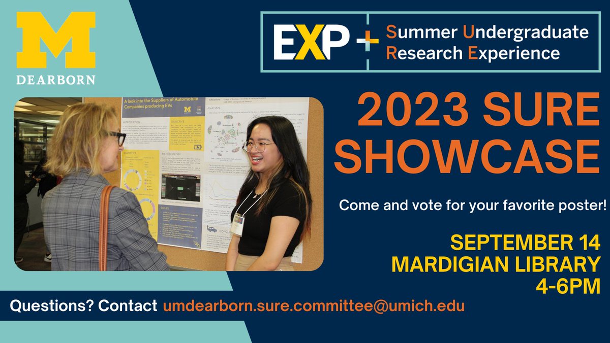 The 5th annual SURE Showcase will be held on Thursday, September 14th, 2023, 4-6pm!  

The Showcase includes presentations by 32 students from all academic disciplines.  

Visit the SURE website to see the 2023 SURE projects and researchers! umdearborn.edu/academics/unde…
