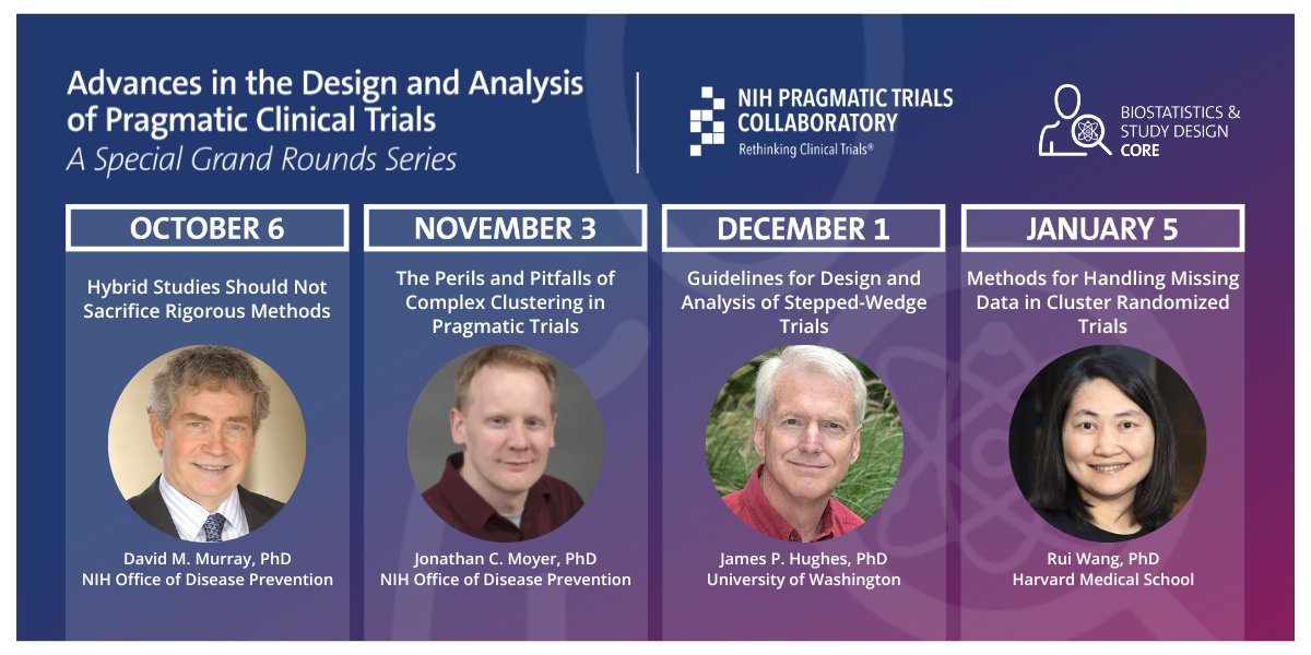 We're thrilled to announce a special 4-part webinar series, "Advances in the Design and Analysis of Pragmatic Clinical Trials." Learn more and view the full schedule. #pctGR #pragmatictrials #biostatistics

➡️ bit.ly/45BYOZr