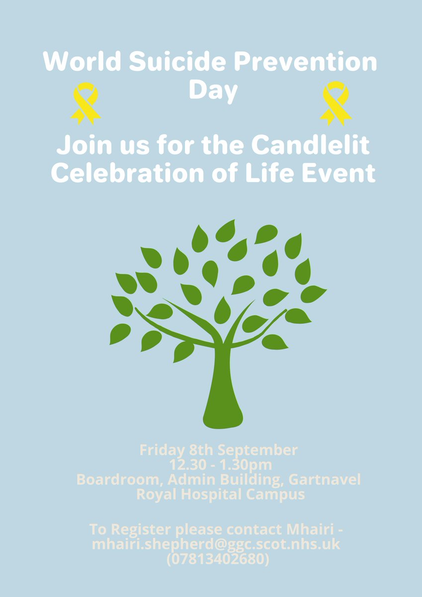 Glasgow City HSCP (@gchscp) on Twitter photo To mark #WorldSuicidePreventionDay we're hosting our annual βCandlelight Celebration of Lifeβ at Gartnavel Hospital on 8 September. The event welcomes anyone touched by suicide, providing a space for support and time to reflect.
To register email πmhairi.sheperd@ggc.scot.nhs.uk To mark #WorldSuicidePreventionDay we're hosting our annual βCandlelight Celebration of Lifeβ at Gartnavel Hospital on 8 September. The event welcomes anyone touched by suicide, providing a space for support and time to reflect.
To register email πmhairi.sheperd@ggc.scot.nhs.uk