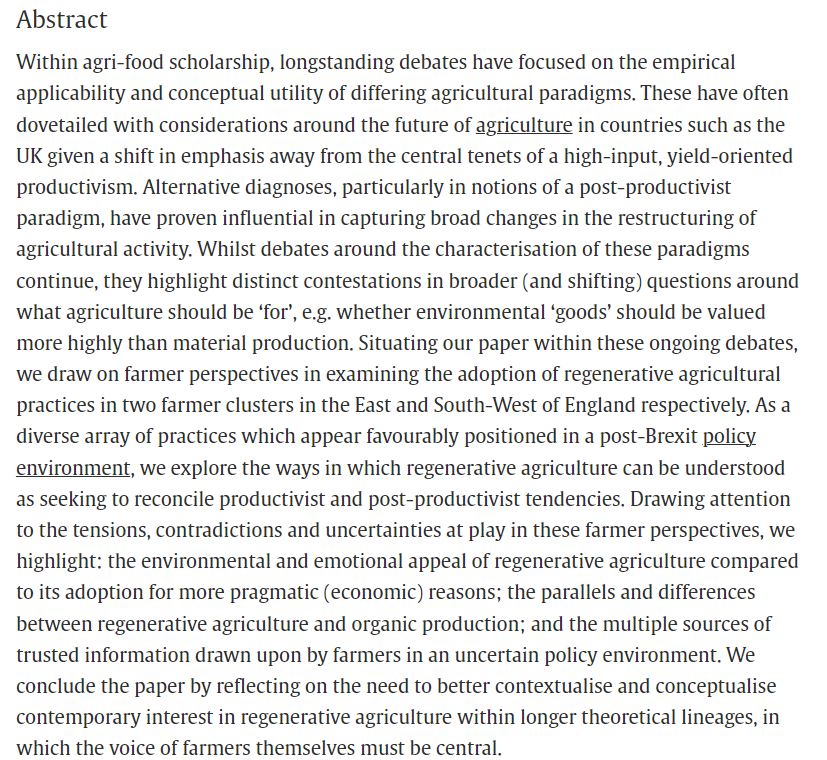 Is regenerative agriculture post-productivist? Delighted to announce the publication of this paper with colleagues from <a href="/healthyfood_h3/">Healthy Soil, Healthy Food, Healthy People (H3)</a> group on tensions, contradictions and uncertainties in UK farmers' interpretation of #regenag <a href="/arcticants/">Biodiverse Anthropocenes</a> doi.org/10.1016/j.jrur…