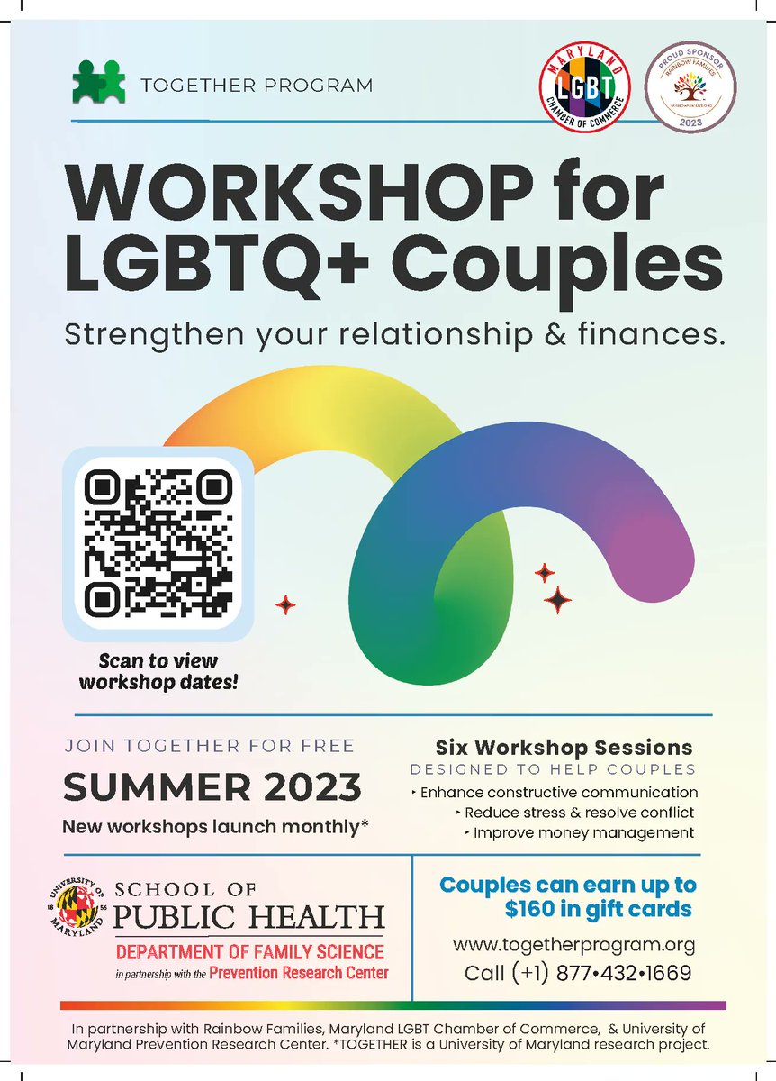 Calling #LGBTQ+ couples for a paid workshop series to strengthen your relationship and improve financial literacy! The next workshop series hosted by <a href="/togetherdmv/">TOGETHER | Juntos en Pareja</a> begins on September 11 so sign up now to secure your spot! buff.ly/3PhVhJL