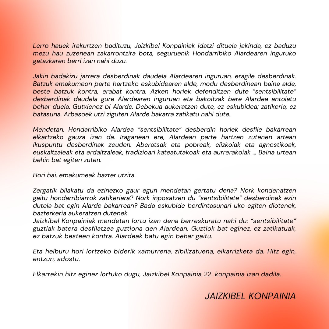 📩 Hauxe da Hondarribiko etxe guztietara bidali dugun mezua, eta agian jasoko ez duzunez, hemen utziko dizugu. #jaizkibelkonpainia