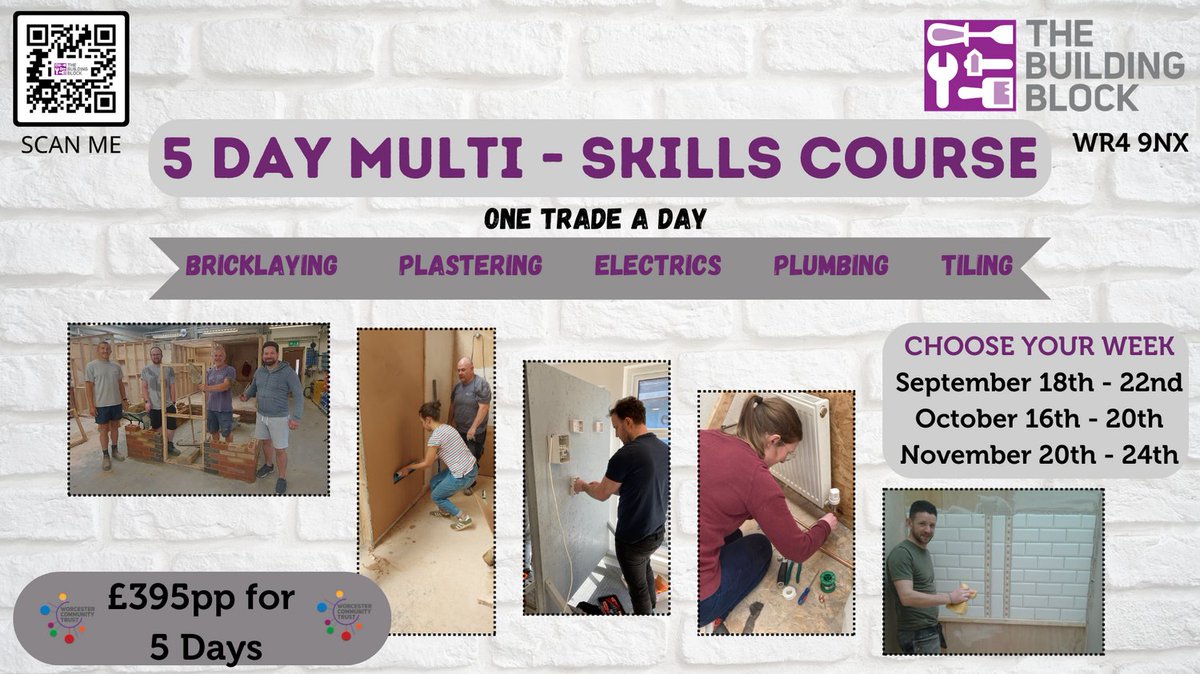 1  different trade a day for 5 days - an upgraded version of the DIY! #plastering #bricklaying #tiling #electrics #plumbing #worcester #trainingcentre #buildingblock
3 different weeks to choose from for this year.