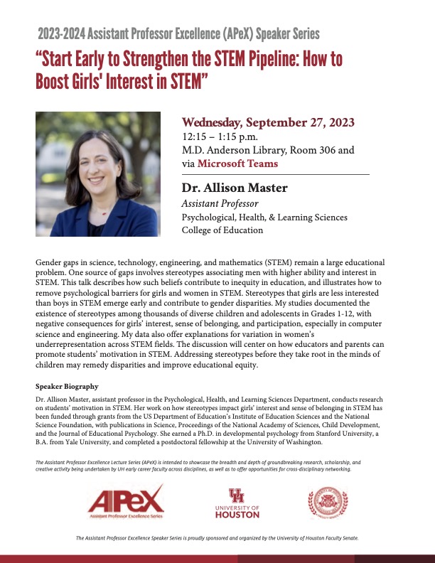 Dr. Allison Master, @allisonmaster.bsky.social (@allisonmaster) on Twitter photo Very excited to have been selected for <a href="/UHouston/">University of Houston</a>'s Assistant Professor Excellence Speaker Series! Looking forward to the chance to share our work with my community on Sept. 27 at 12:15pm Central. Send me a message if you're interested in the virtual Teams link! Very excited to have been selected for <a href="/UHouston/">University of Houston</a>'s Assistant Professor Excellence Speaker Series! Looking forward to the chance to share our work with my community on Sept. 27 at 12:15pm Central. Send me a message if you're interested in the virtual Teams link!