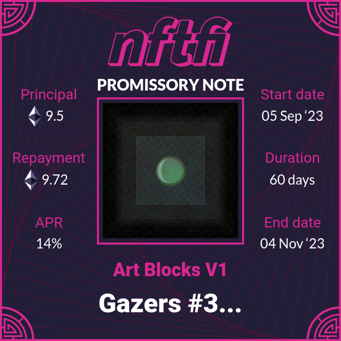New loan started on Art Blocks: Gazers #336
    
Loan: 9.5 wETH
Repayment: 9.717849 wETH
Duration: 60 days
APR: 14%
  
app.nftfi.com/assets/0xa7d8d…

#artblocks