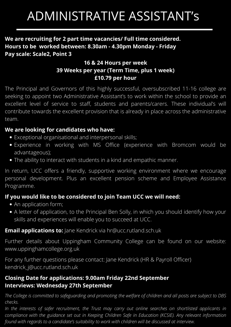 hr_ucc's tweet photo. Are you organised &amp; self motivated? Do you enjoy working as part of a team?
We are looking for 2 self motivated individuals to join our administration team
16-24 hrs per/week, term time
Closing date: 9.00am 22 September
Visit https://t.co/jFT5hSYN63 for more info https://t.co/ygihA1B2PQ
