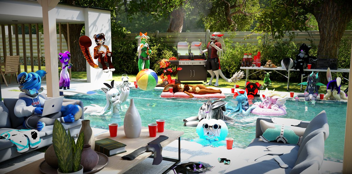 BlueF0x3's tweet image. Sizzling summer vibes by the pool with friends!  What more could you ask for?

Cuz i can't tag more then 10 people in a photo..
@B__Tap @AdorapupVR @StarPinkMax1 @JetCatNeki @Oreovix @Ivylistar 
#VRChat #furry #b3d #render #summer
