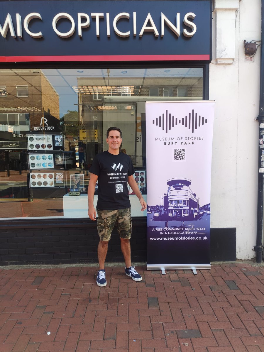 If you are around Bury Park Luton then come by &amp; say hello to <a href="/finkennedy/">Fin Kennedy</a> Artistic director of <a href="/AppliedStories/">Applied Stories</a> &amp; the fella behind the fab  #museumstories:Bury Park. He's the one standing next to the sign outside 88 Dunstable road.The project's second home at Alexandra opticians .