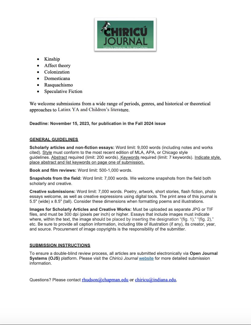 Latinx scholars, submit to the Chiricú special issue on Latinx Futurity in Young Adult and Children's Literature edited by Renee Hudson. The deadline is 11/15. Share the CFP below.