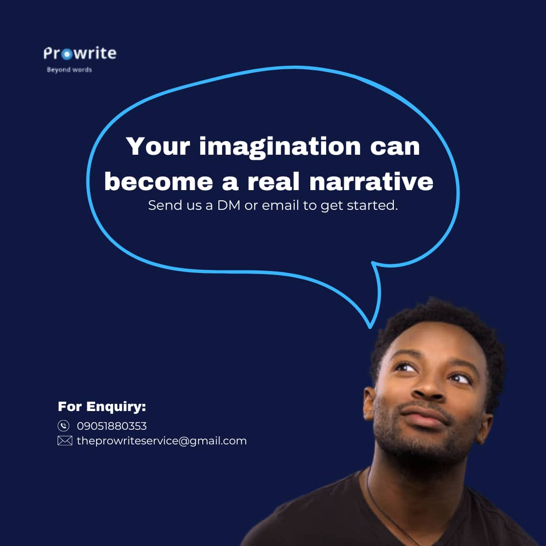 Your imagination has the power to shape stories into reality. Slide into our DM or email us to begin your creative journey! We've got the pen😊😊 #ImaginationToNarrative #StorytellingMagic
#StoryTelling
#Writing
#Creativity
#Prowrite.