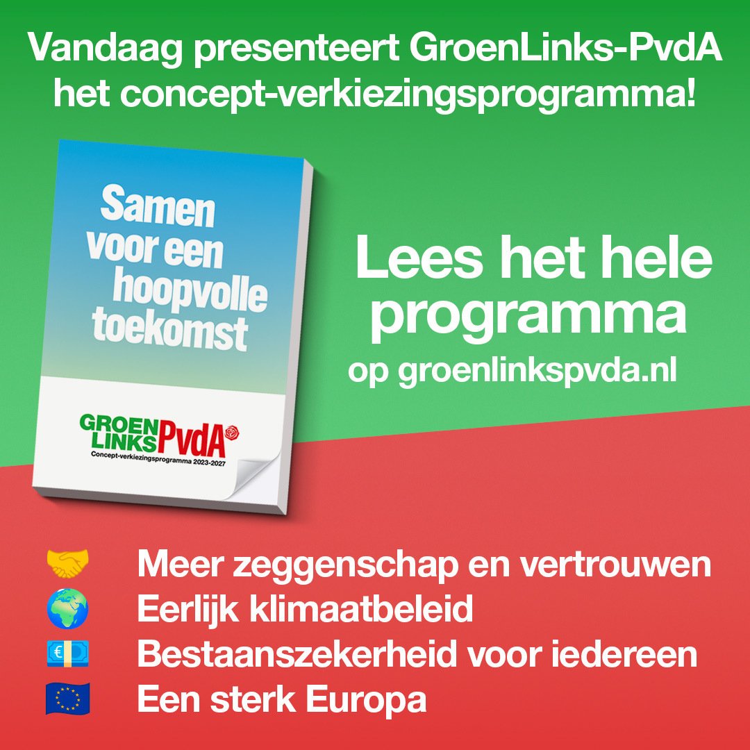 Verschillen overbruggen, de uitdagingen waar we voor staan aanpakken, en toewerken naar een sociaal en groen Nederland.

Samen gaan we voor een hoopvolle toekomst! ❤️💚

Lees hier ons verkiezingsprogramma:
groenlinkspvda.nl/verkiezingspro…