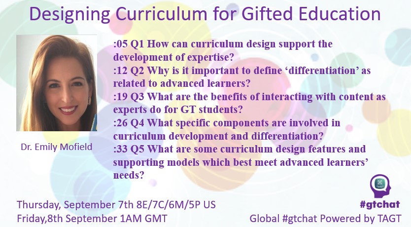 gtchatmod (@gtchatmod) on Twitter photo Join us in 2 hours for Global #gtchat (#giftED #talented) Powered by #TAGT <a href="/TXGifted/">TAGT</a> today (09/07 US). Our topic: “Designing Curriculum for Gifted Education” with Dr. <a href="/MofieldEmily/">Emily Mofield</a> <a href="/LesLinks/">Leslie Graves 🏳️⚧️🏳️⚧️🏳️🌈☮</a> @ToddKettler <a href="/JonathanPlucker/">Jonathan Plucker</a> <a href="/ColinESeale/">Colin Seale, J.D.</a> <a href="/gifted_guru/">Lisa Van Gemert</a> <a href="/msheathervaughn/">Heather Vaughn, EdS</a> Join us in 2 hours for Global #gtchat (#giftED #talented) Powered by #TAGT <a href="/TXGifted/">TAGT</a> today (09/07 US). Our topic: “Designing Curriculum for Gifted Education” with Dr. <a href="/MofieldEmily/">Emily Mofield</a> <a href="/LesLinks/">Leslie Graves 🏳️⚧️🏳️⚧️🏳️🌈☮</a> @ToddKettler <a href="/JonathanPlucker/">Jonathan Plucker</a> <a href="/ColinESeale/">Colin Seale, J.D.</a> <a href="/gifted_guru/">Lisa Van Gemert</a> <a href="/msheathervaughn/">Heather Vaughn, EdS</a>