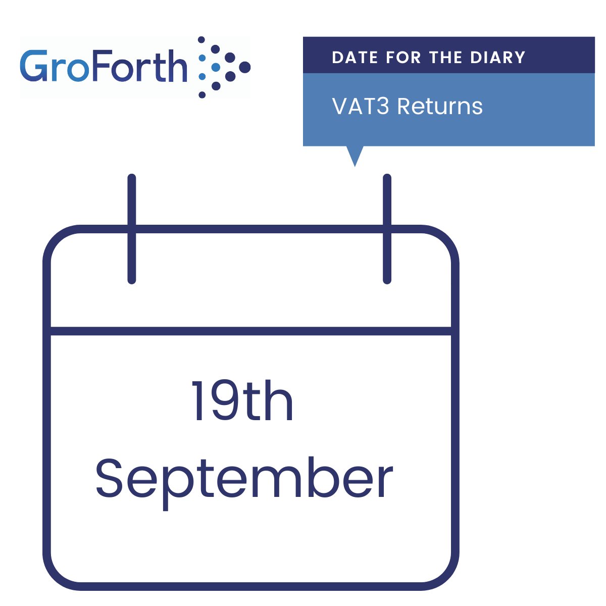 GroForth's tweet image. Important Reminder ❗ 

VAT 3 returns are due by the 19th of this month or the 23rd if you are using ROS Online. 

#vatreturns #irishbusiness