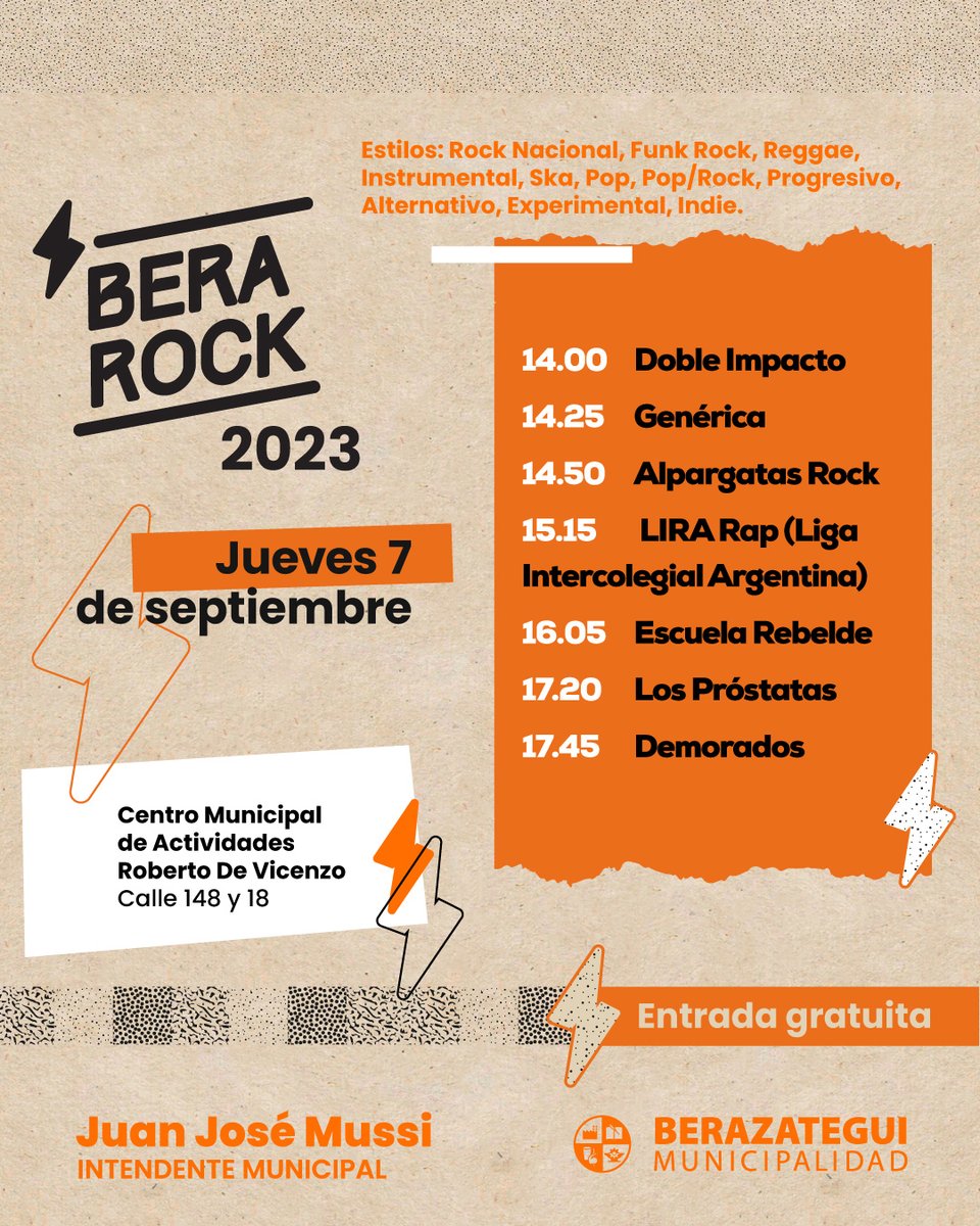CulturaBe's tweet photo. Bera Rock DÍA 2 ⚡🧡

Te esperamos en este gran festival con shows de bandas locales y artistas invitados. El jueves a las 22:30 llega Pedro Aznar (@pedroaznar) con un show inolvidable 👏🏻

¡No te lo podés perder! 🥳

📲 Mirá la grilla completa en el link en nuestra bio https://t.co/cWkk621sJ2