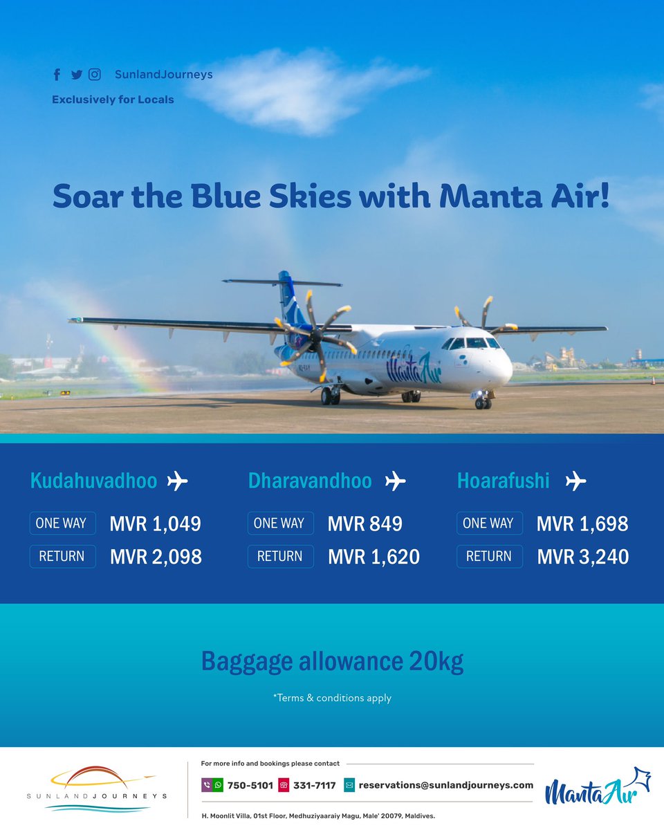 Soar the blue skies with Manta Air ✈️✨

For reservations:
☎️ +960 7505101
📧 reservations@sunlandjourneys.com
🌍 sunlandjourneys.com
.
.
.
#DiscovertheMaldives #LocalOffer
#MantaAir #SunlandJourneys