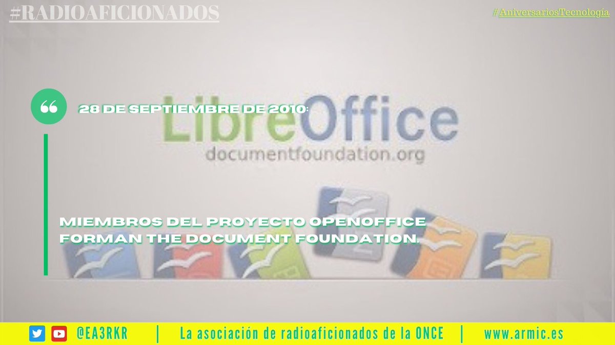 Miembros del proyecto OpenOffice.org forman un nuevo grupo llamado "The Document Foundation", publicando #LibreOffice.

👉 Fue el 28 de septiembre de 2010.

#AniversariosTecnología