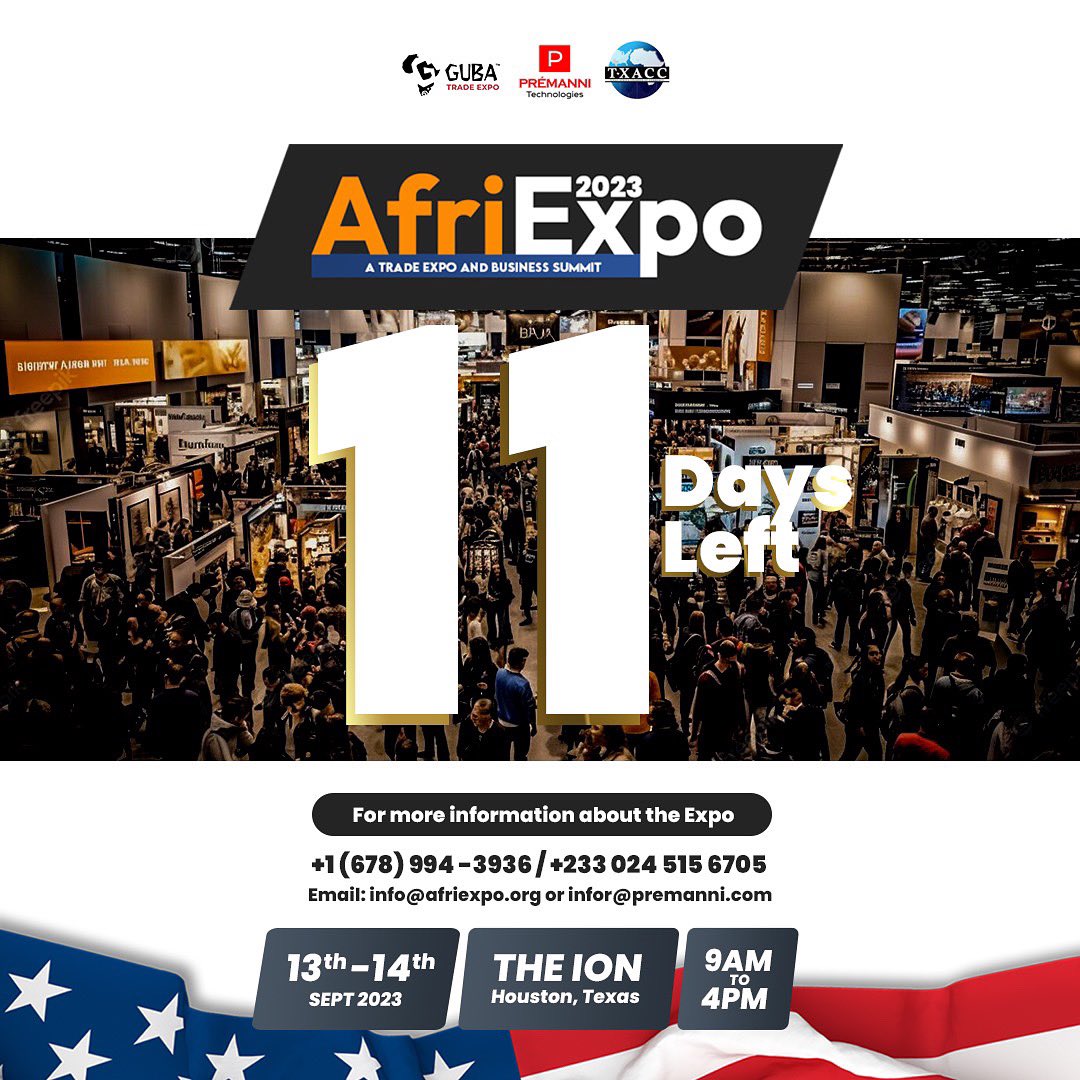 GubaTradeExpo's tweet photo. 11 DAYS MORE TO AFRIEXPO 2023

Have you registered yet? 
Register here: https://t.co/lUHuzPlj5P

DATE: 14th September 2023
TIME: 9am – 4pm
VENUE: The ION, Houston, Texas

For more info and sponsorships,
email: christine@gubaawards.co.uk https://t.co/6EmkHzxoPI