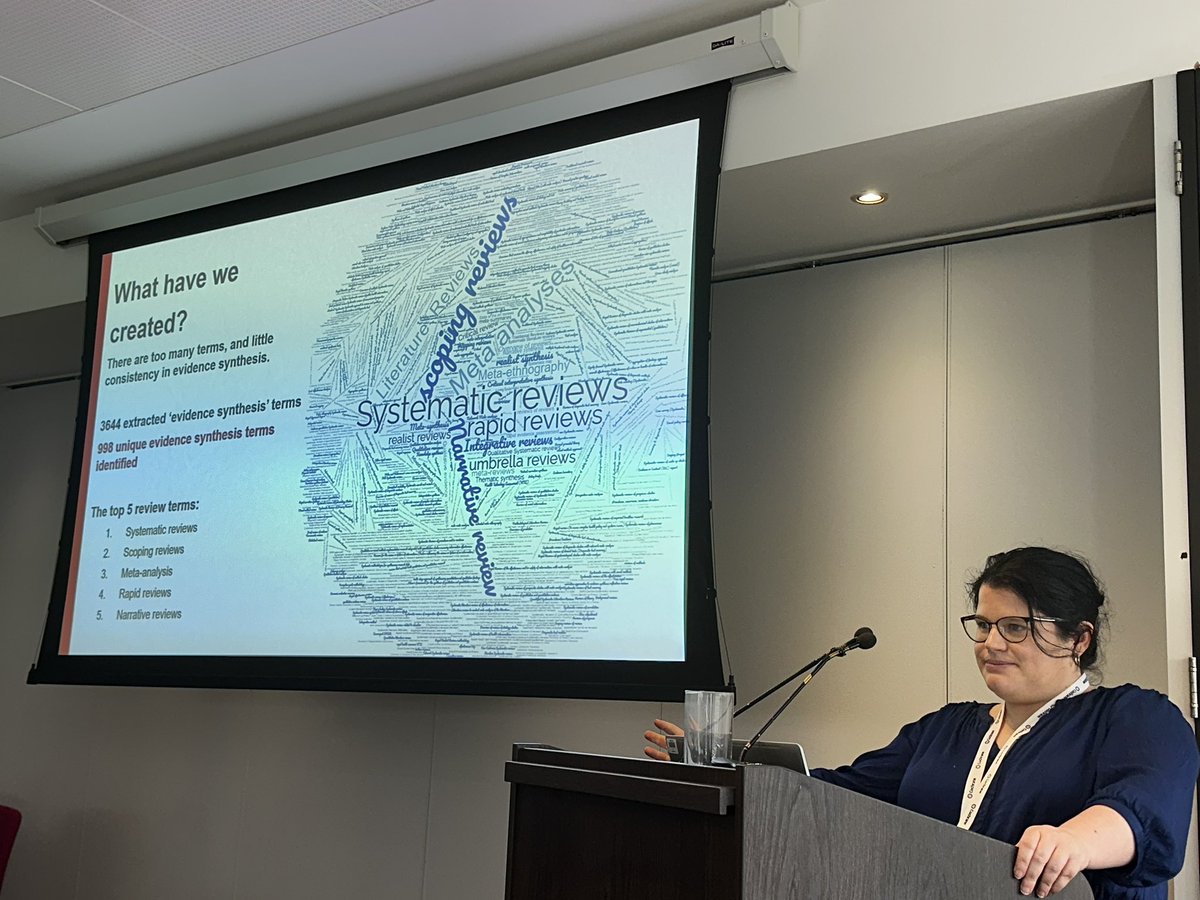 In our scoping review we identified 998 different terms used to describe evidence synthesis approaches. <a href="/Daniellep89/">Dr Danielle Pollock</a> introducing the preparatory work for our Evidence Synthesis Taxonomy Initiative at #CochraneLondon